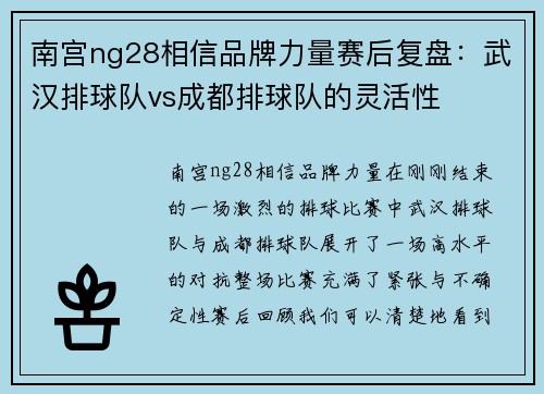 南宫ng28相信品牌力量赛后复盘：武汉排球队vs成都排球队的灵活性